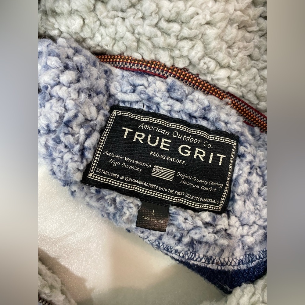 Large True Grit Blue Gray Sherpa Fleece Pullover Jacket w/ Small Side Slits - Picture 7 of 7
